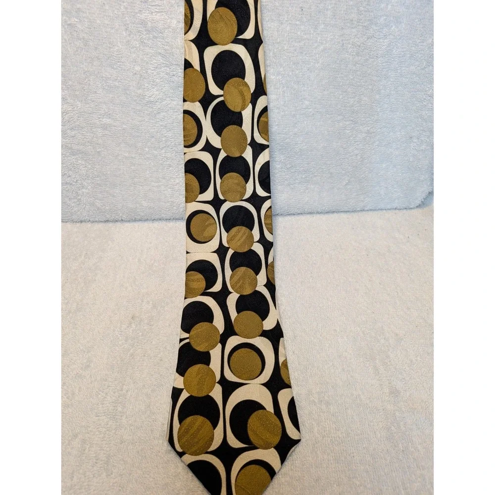 Prima Italy Tie  Gold Lily Pad Poka‎ Dot Geometric Made In Italy Silk Necktie